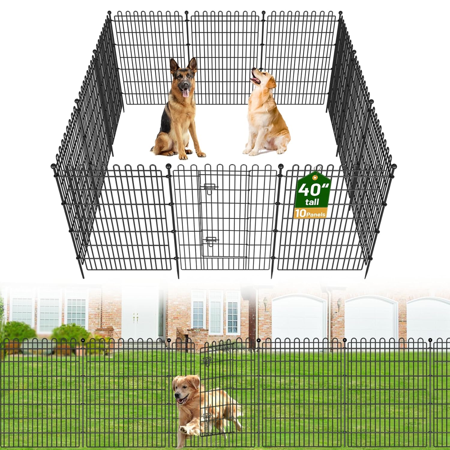 10 Panels No Dig Decorative Garden Fence with Gate for Yard, 40 in(H) X 23.6 ft(L) Animal Barrier Fencing for Outdoor Dog, Metal Portable Garden Fences for Borders, Pets,...