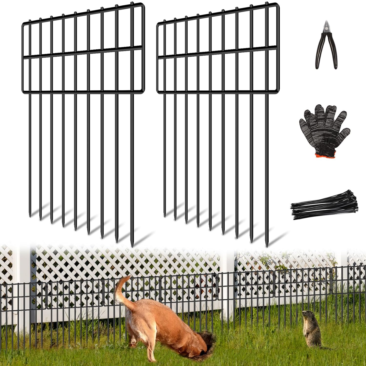 25 Panels Garden Fencing Animal Barrier, 17in (H) X 27ft (L) Dog Dig Fence Barrier, 1.25in Gap Rustproof Metal Stakes Decorative Garden Fence, Ground Defense Border Fence for...