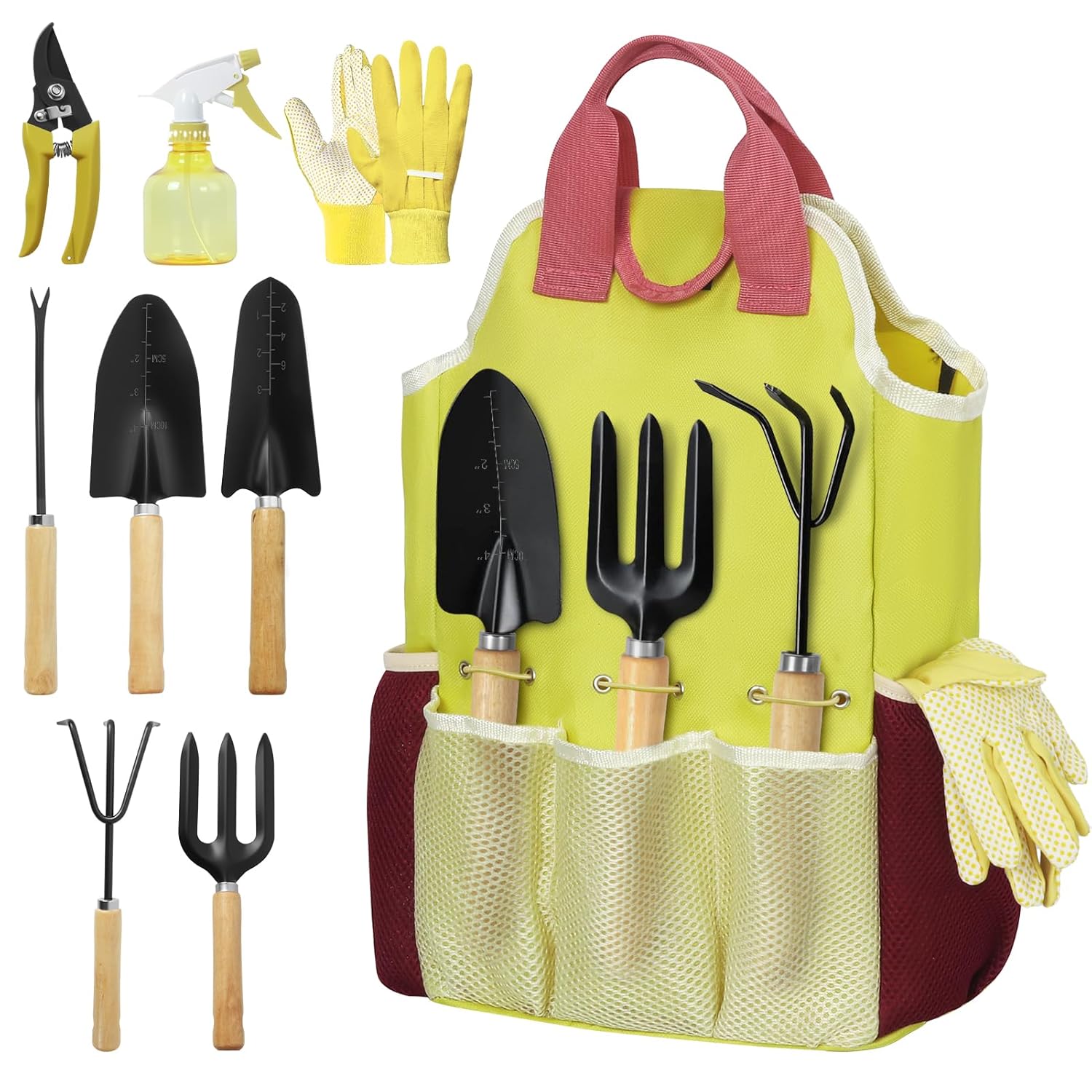 9-Piece Gardening Tool Set, Heavy Duty Garden Tool Set with Wood Handle, Premium & Durable Hand Tools Gardening Kit with Stylish Handbag, Gardening Gifts for Women