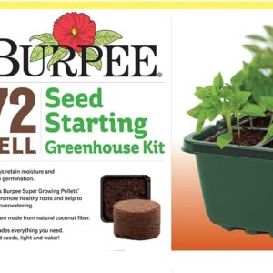 Burpee Greenhouse Indoor Starting Herbs, Flowers and Vegetables | Includes Dome, Watering, Seed Starter Tray, Coir Pellets | 10" W x 20" L x 5" H, One Size, 1 Kit (72 Cells)