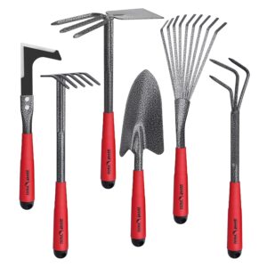 FLORA GUARD Garden Tools Set, 6-Piece Heavy Duty Gardening Hand Tools with Soft Rubber Handle, Includes Trowel, Rake, 2-in-1 Hoe & Crack Weeder, Durable Yard Tools, Essentials...