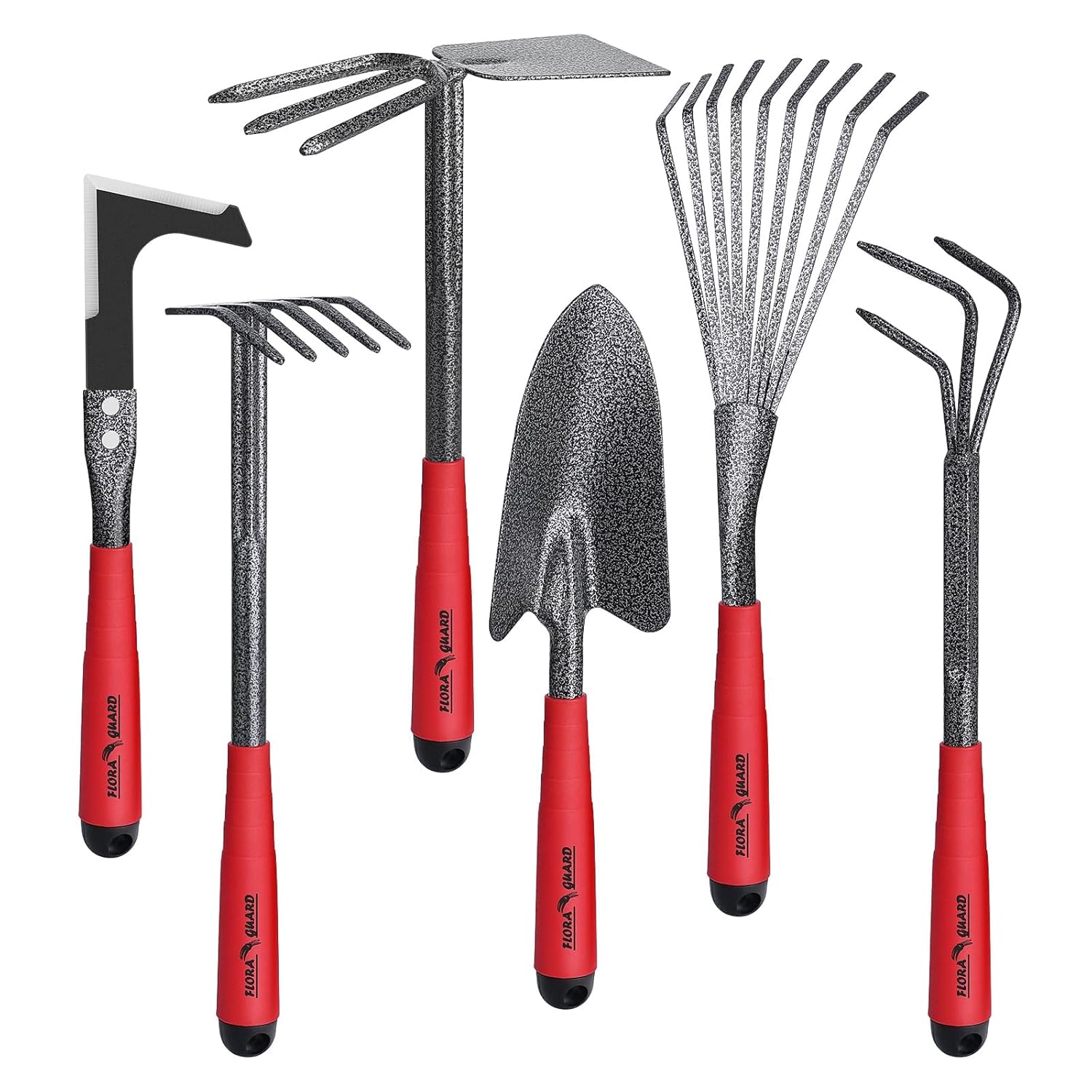 FLORA GUARD Garden Tools Set, 6-Piece Heavy Duty Gardening Hand Tools with Soft Rubber Handle, Includes Trowel, Rake, 2-in-1 Hoe & Crack Weeder, Durable Yard Tools, Essentials...