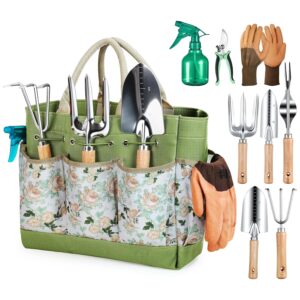 Gardening Tools 9-Piece Heavy Duty Garden Hand Tools with Fashion and Durable Garden Tools Organizer Handbag, Rust-Proof Garden Tool Set, Ideal Gardening Gifts for Women