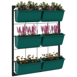 Outsunny 3-Tier Wall Planter with 6 Pots for Indoor and Outdoor Use, Hanging Plant Holder, Self Draining Wall Mounted Planter for Vegetables, Flowers, Herbs, Green