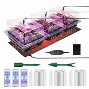 Seed Starter Tray 3 Pack with Heating Mat & 24 Full Spectrum LEDs Grow Light – Auto cycle Timer, Humidity Dome Ventilation Cover, Drainage Holes, Includes Gardening Tools –...