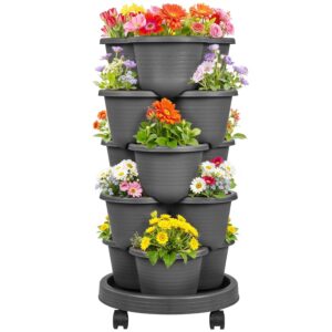 VECELO 5 Tier Vertical Garden Planter, Self Watering Stackable Planters with Wheels for Strawberries, Herbs, Flowers, Vegetables, Dark Gray