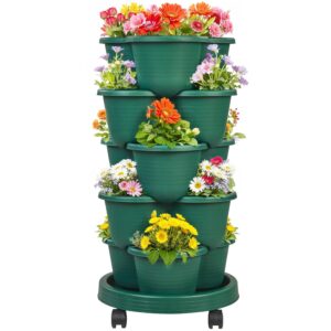 VECELO 5 Tier Vertical Garden Planter, Self Watering Stackable Planters with Wheels for Strawberries, Herbs, Flowers, Vegetables, Dark Green