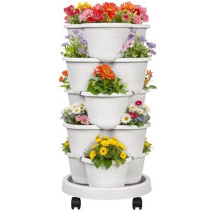 VECELO 5 Tier Vertical Garden Planter, Self Watering Stackable Planters with Wheels for Strawberries, Herbs, Flowers, Vegetables, Gray