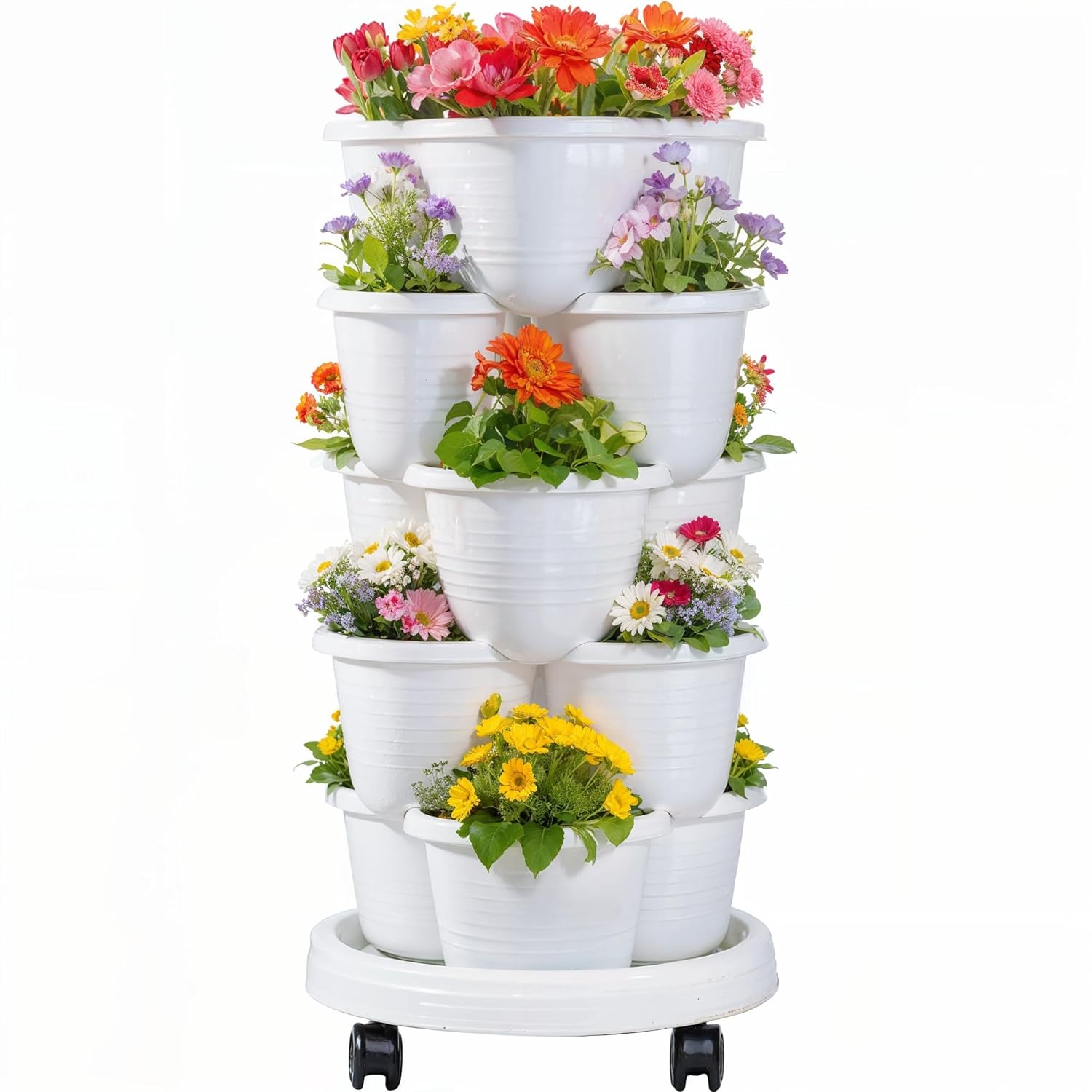 VECELO 5 Tier Vertical Garden Planter, Self Watering Stackable Planters with Wheels for Strawberries, Herbs, Flowers, Vegetables, White