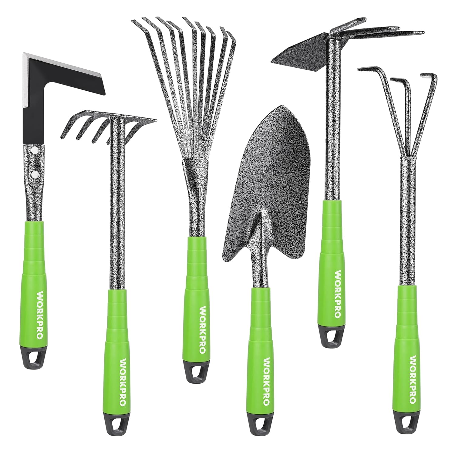 WORKPRO 6-Piece Garden Tool Set, Heavy Duty Gardening Hand Tools with Soft Rubber Handle, Including Trowel, Rakes, 2-in-1 Hoe and Crack Weeder, Ideal Gardening Gifts for Men and...